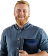 A cut out image of a businessman in relaxed clothes carrying a tablet