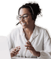A cut out of a woman on a webinar wearing headphones and looking at a computer screen