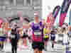 Royal Voluntary service fundraiser Rd running across Tower Bridge at the London Marathon in 2026. 